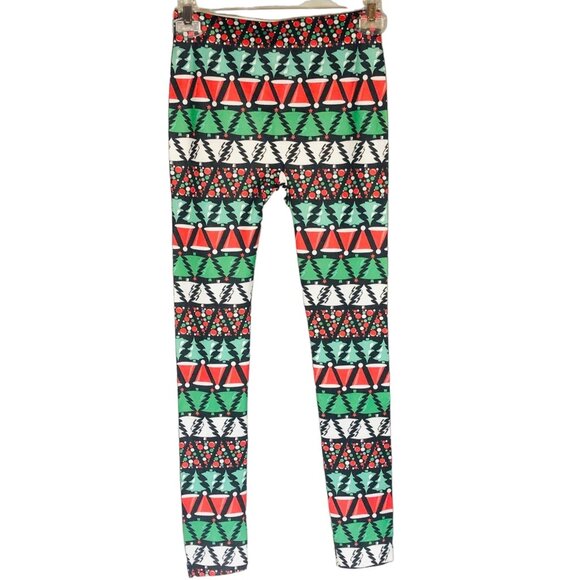 No Boundaries leggings Christmas trees green red black polyester small 3/5 READ - Picture 1 of 6